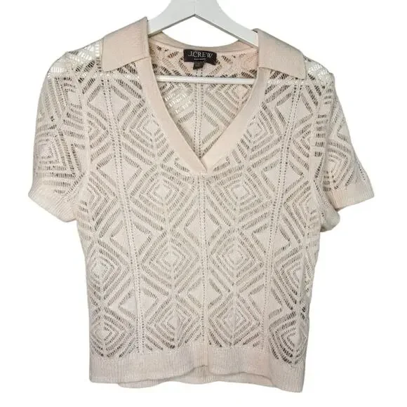 J. Crew Cashmere Short Sleeve Collared V-Neck Knit Polo Sweater Cream Womens Med - Picture 2 of 8